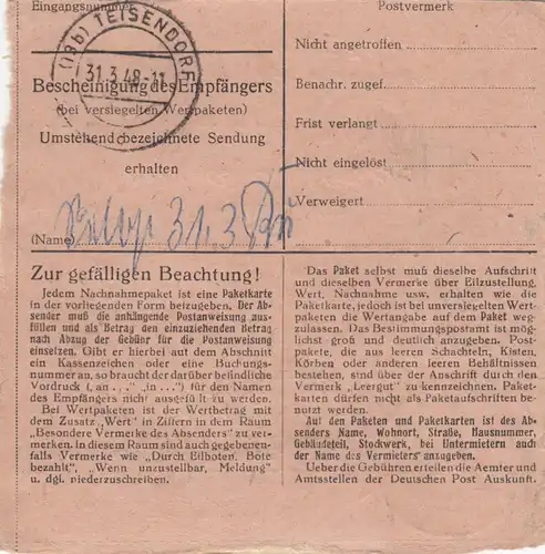 Carte de paquet 1948: Rehau vers Teisendorf, réduction