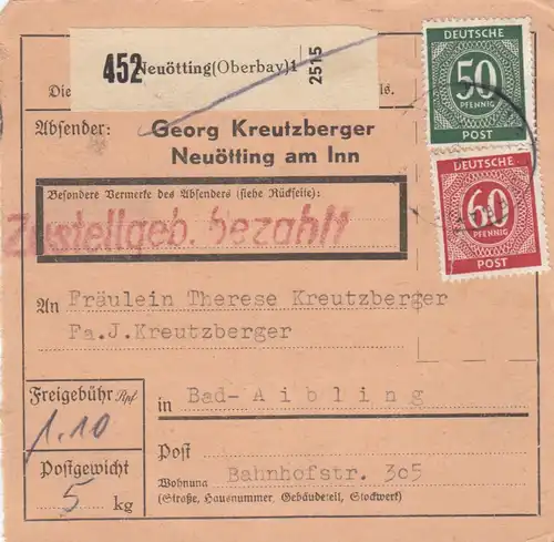Paketkarte: Neuötting nach Bad-Aibling, Selbstbucher