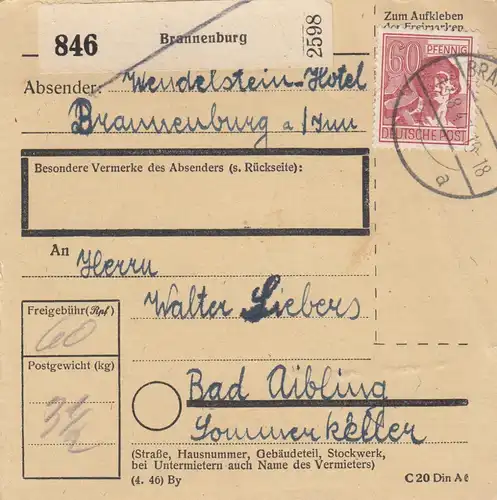 Carte de paquet 1947: Branneburg vers Bad Aibling