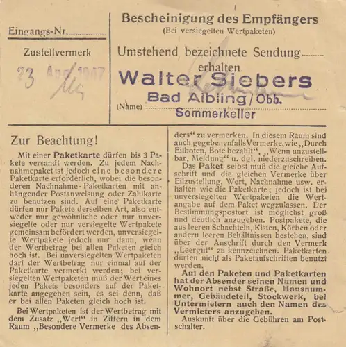 Paketkarte 1947: Brannenburg nach Bad Aibling