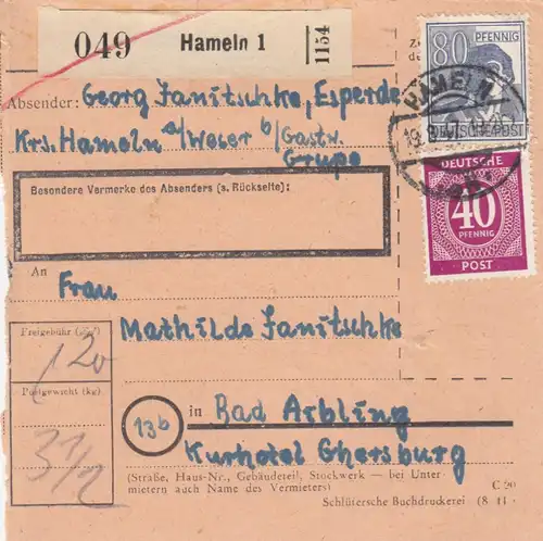 Paketkarte 1947: Hameln nach Bad Aibling, Kurhotel
