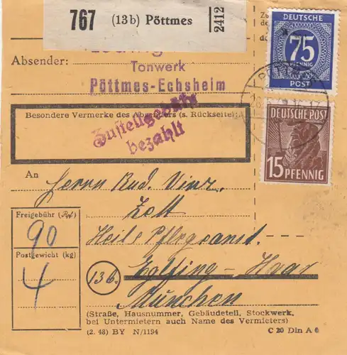 Carte de paquet 1948: Pöttmes Tonwerk après Eglfing, établissement de soins