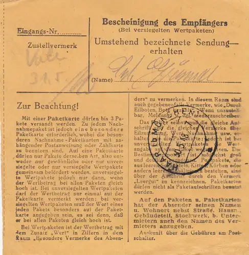 Paketkarte 1948: Pöttmes Tonwerk nach Eglfing, Heilanstalt