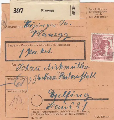 Carte de paquet 1948: Planegg près d'Egelfing, Nerfsanstalt, 1 paquet
