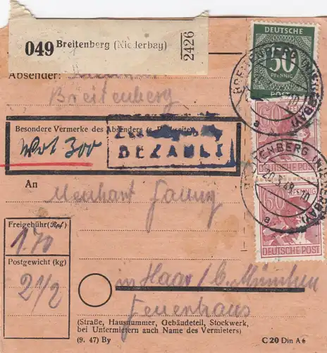 Paketkarte 1948: Breitenberg nach Haar b. München, Wertkarte