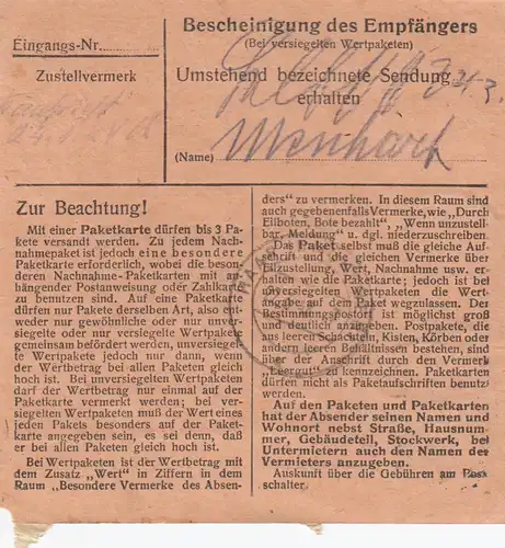 Paketkarte 1948: Breitenberg nach Haar b. München, Wertkarte