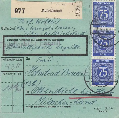 Paketkarte 1948: Mellrichstadt nach Ottendichl, besonderes Formular