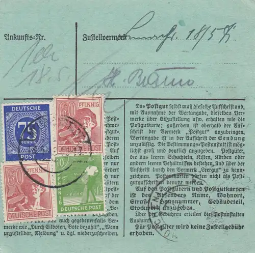 Paketkarte 1948: Mellrichstadt nach Ottendichl, besonderes Formular