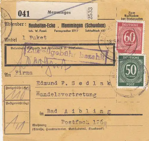 Carte de paquet 1947: Memmingen, coins de nouveautés, après Bad Aibling, Autob.