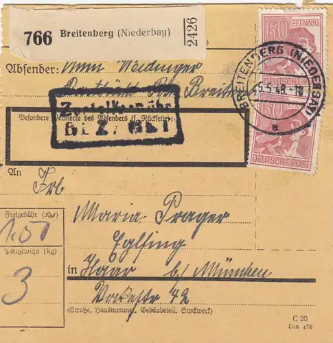 Carte de paquet 1948: Breitenberg vers Eglfing Haar près de Munich