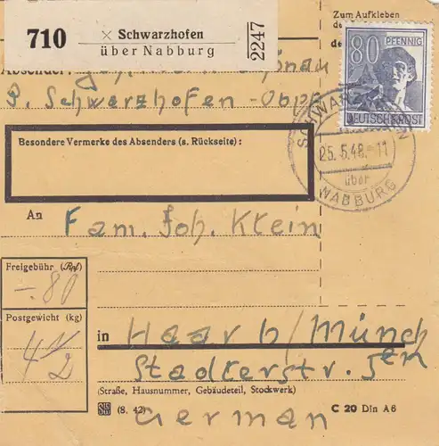 Paketkarte 1948: Schwarzhofen Obpf. nach Haar
