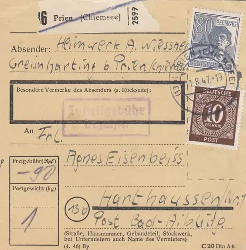 Paketkarte 1947: Greimharting nach Harthausen