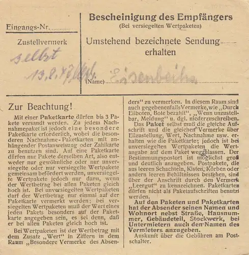 Paketkarte 1947: Greimharting nach Harthausen