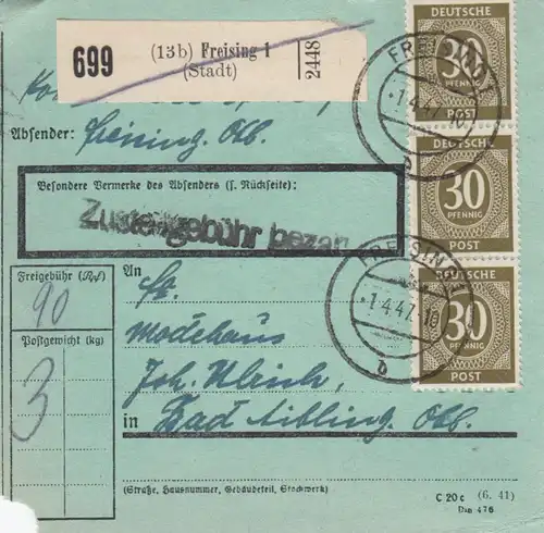 Paketkarte 1947: Freising nach Modehaus Bad Aibling, besonderes Formular