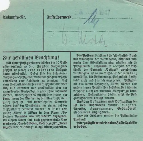 Carte 1947: Freising vers Modehaus Bad Aibling, formulaire spécial