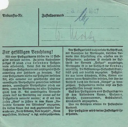 Paketkarte 1947: Freising nach Modehaus Bad Aibling, besonderes Formular