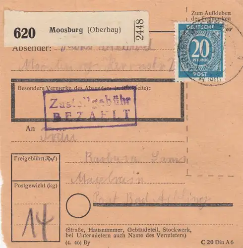 Paketkarte 1947: Moosburg nach Post Bad Aibling