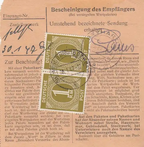 Paketkarte 1947: Moosburg nach Post Bad Aibling