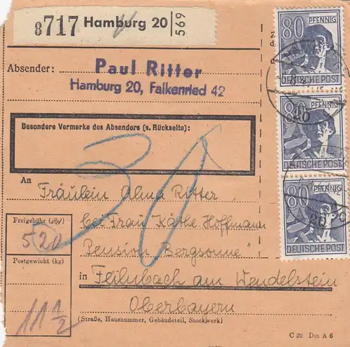Paketkarte 1947: Hamburg nach Feilnbach Wendelstein, Nachgebühr
