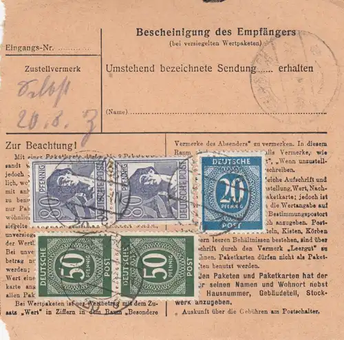 Paketkarte 1947: Hamburg nach Feilnbach Wendelstein, Nachgebühr