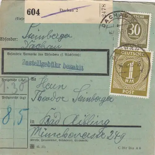 Paketkarte 1946: Dachau nach Bad Aibling, besonderes Formular