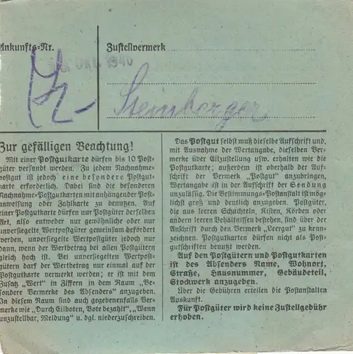 Carte de paquet 1946: Dachau vers Bad Aibling, formulaire spécial