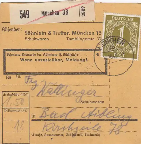 Paketkarte 1946: München Schuhwaren, nach Bad Aibling, Selbstbucher