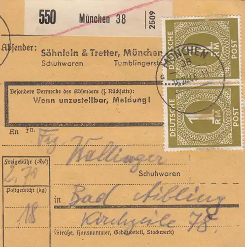 Paketkarte 1946: München Schuhwaren Söhnlein, nach Bad Aibling, Selbstbucher