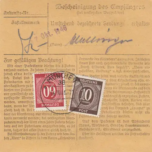 Carte de paquet 1946: Munich Chaussettes Fils, après Bad Aibling, Auto-bookeur