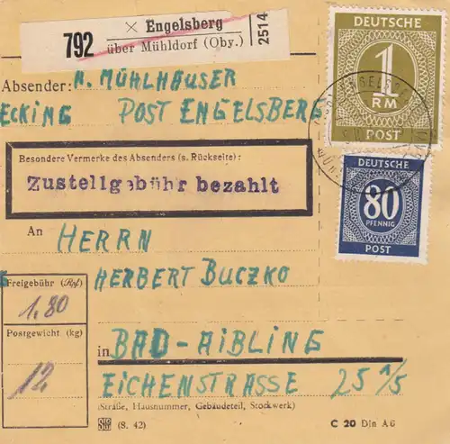Carte de paquet 1946: Engelsberg par Mühldorf vers Bad-Aibling