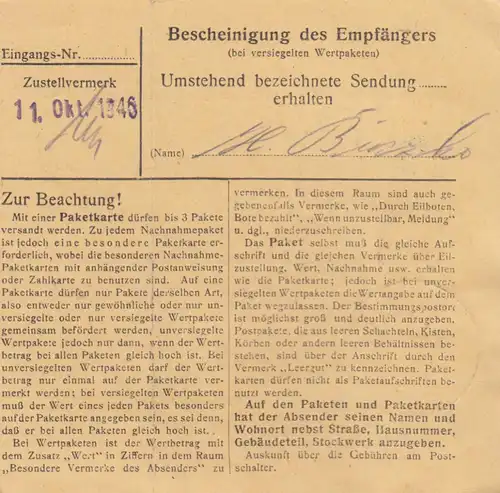 Carte de paquet 1946: Engelsberg par Mühldorf vers Bad-Aibling