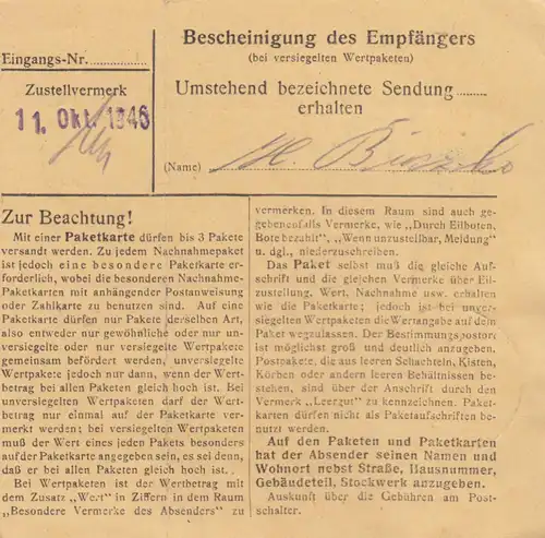 Paketkarte 1946: Engelsberg über Mühldorf nach Bad-Aibling