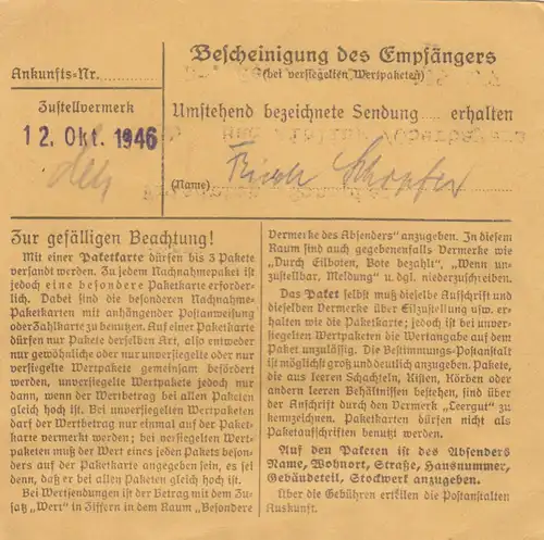 Paketkarte 1946: Pfatter über Regensburg nach Bad Aibling