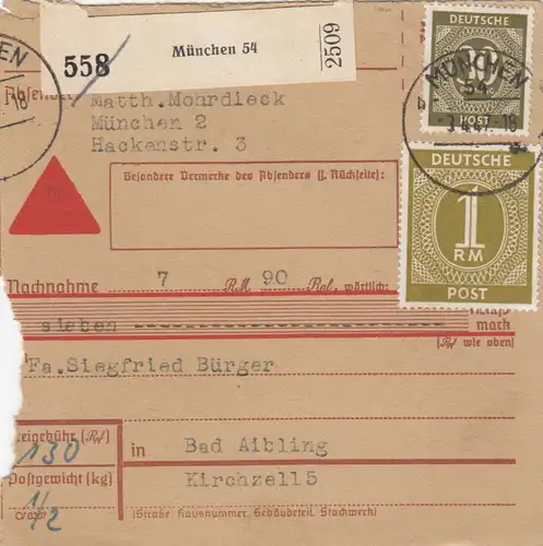 Carte de paquet 1947: Munich 22 vers Bad Aibling, Acceptation