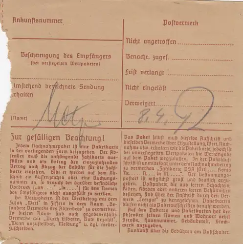 Carte de paquet 1947: Munich 22 vers Bad Aibling, Acceptation