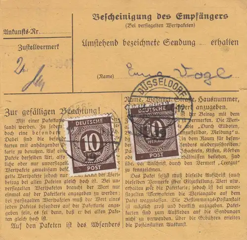 Paketkarte 1947: Düsseldorf nach Textilwaren in Bad Aibling, Selbstbucher