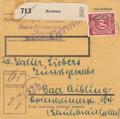 Carte de paquet 1947: Miesbach, Livreterie, après Bad Aibling, Arts et Artistes