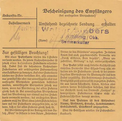 Carte de paquet 1947: Miesbach, Livreterie, après Bad Aibling, Arts et Artistes