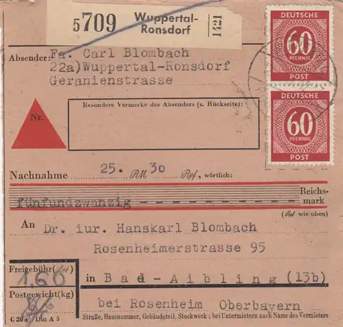 Carte de paquet 1947: Wuppertal-Ronsdorf vers Bad Aibling, Acceptation