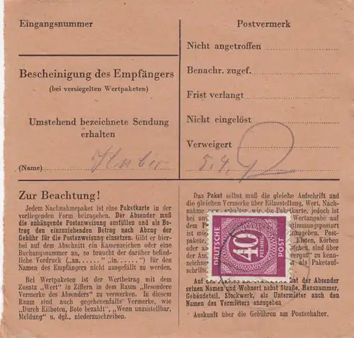 Paketkarte 1947: Wuppertal-Ronsdorf nach Bad Aibling, Nachnahme