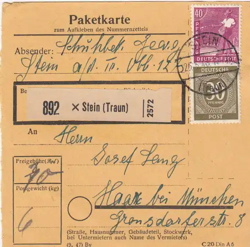 Paketkarte 1948: Stein a.d. Traun nach Haar