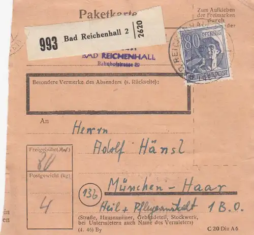 Paketkarte 1948: Bad Reichenhall nach München, Heilanstalt