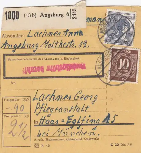 Paketkarte 1947: Augsburg nach Pflegeanstalt Haar