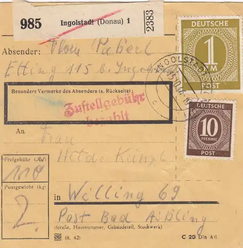 Carte de paquet 1946: Ingolstadt Ettingnach Willing