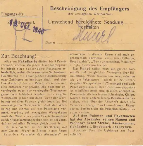 Carte de paquet 1946: Ingolstadt Ettingnach Willing
