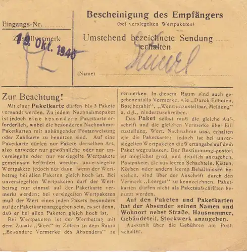 Paketkarte 1946: Ingolstadt Ettingnach Willing