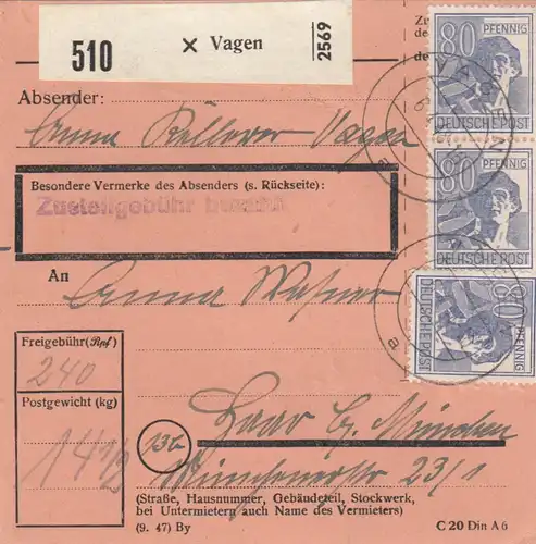 Carte de paquet 1948: Vagen après Haar près de Munich