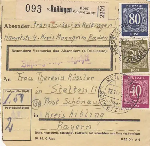 Paketkarte 1946: Reilingen Kreis Mannheim nach Schönau