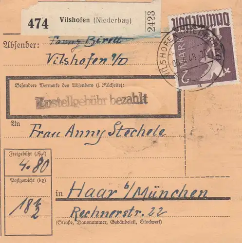 Carte de paquet 1948: Vilshofen vers Haar près de Munich