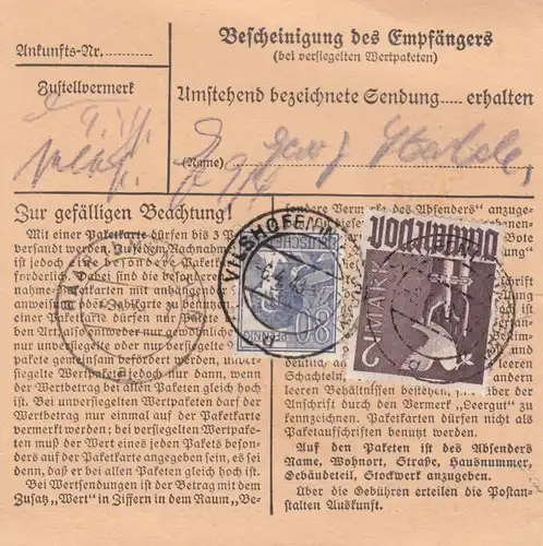 Paketkarte 1948: Vilshofen nach Haar bei München